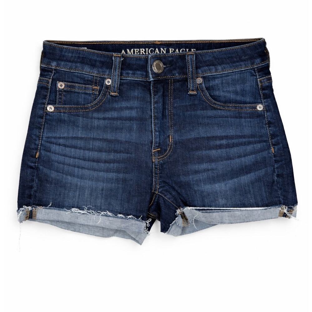 American Eagle Super Stretch Hi-Rise Shortie Denim Shorts Dark Wash Frayed Hem 0